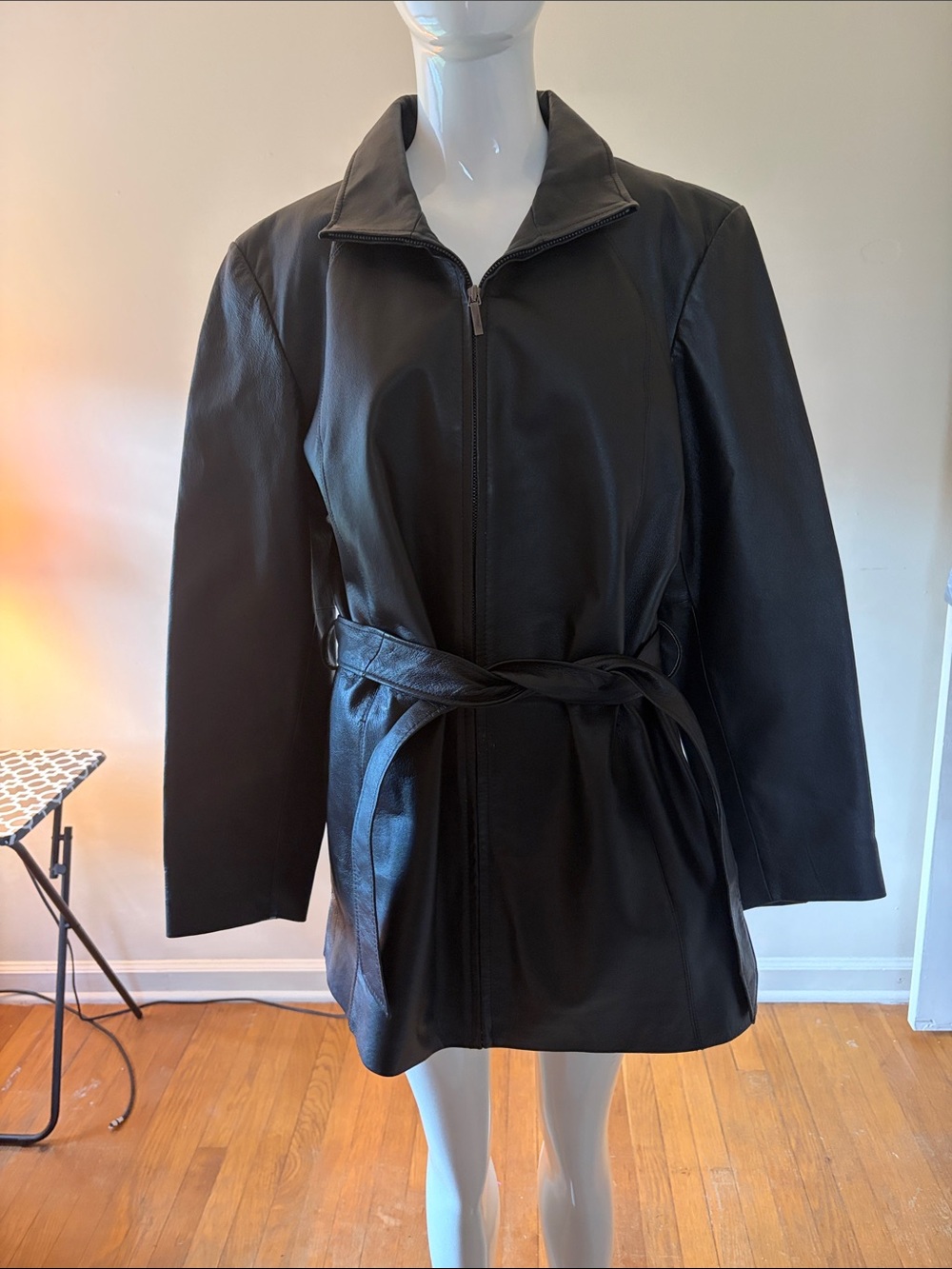 Worthington Black Leather Zip-Front Jacket with Waist Tie